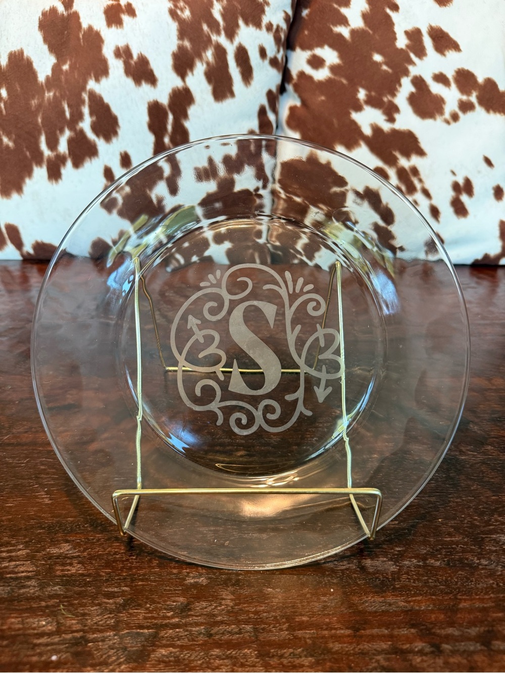 Monogrammed Glass Charger Plate - Clear with Etched 'S'